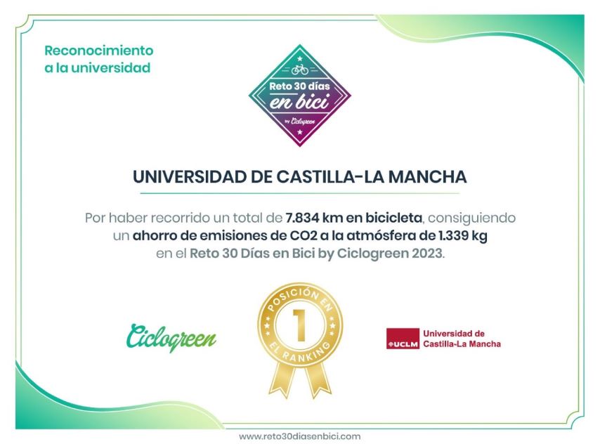 Diploma primer puesto UCLM reto 30 días en bici