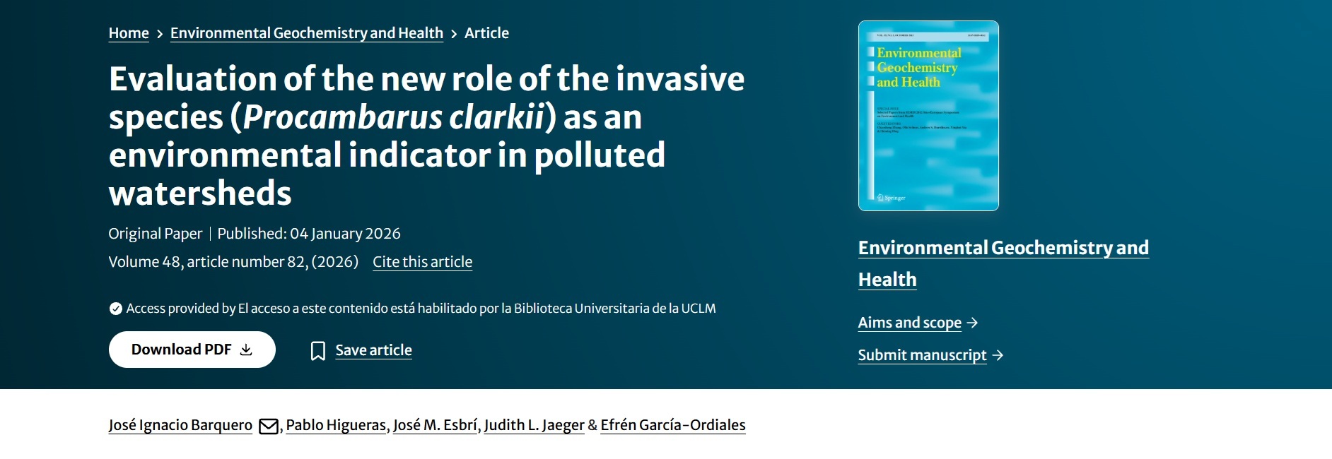 Evaluación del nuevo papel de la especie invasora (Procambarus clarkii) como indicador ambiental en cuencas hidrográficas contaminadas
