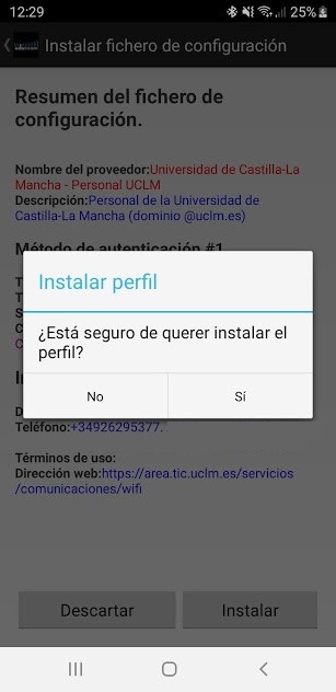 Pantalla de instalación del perfil para eduroamCAT UCLM