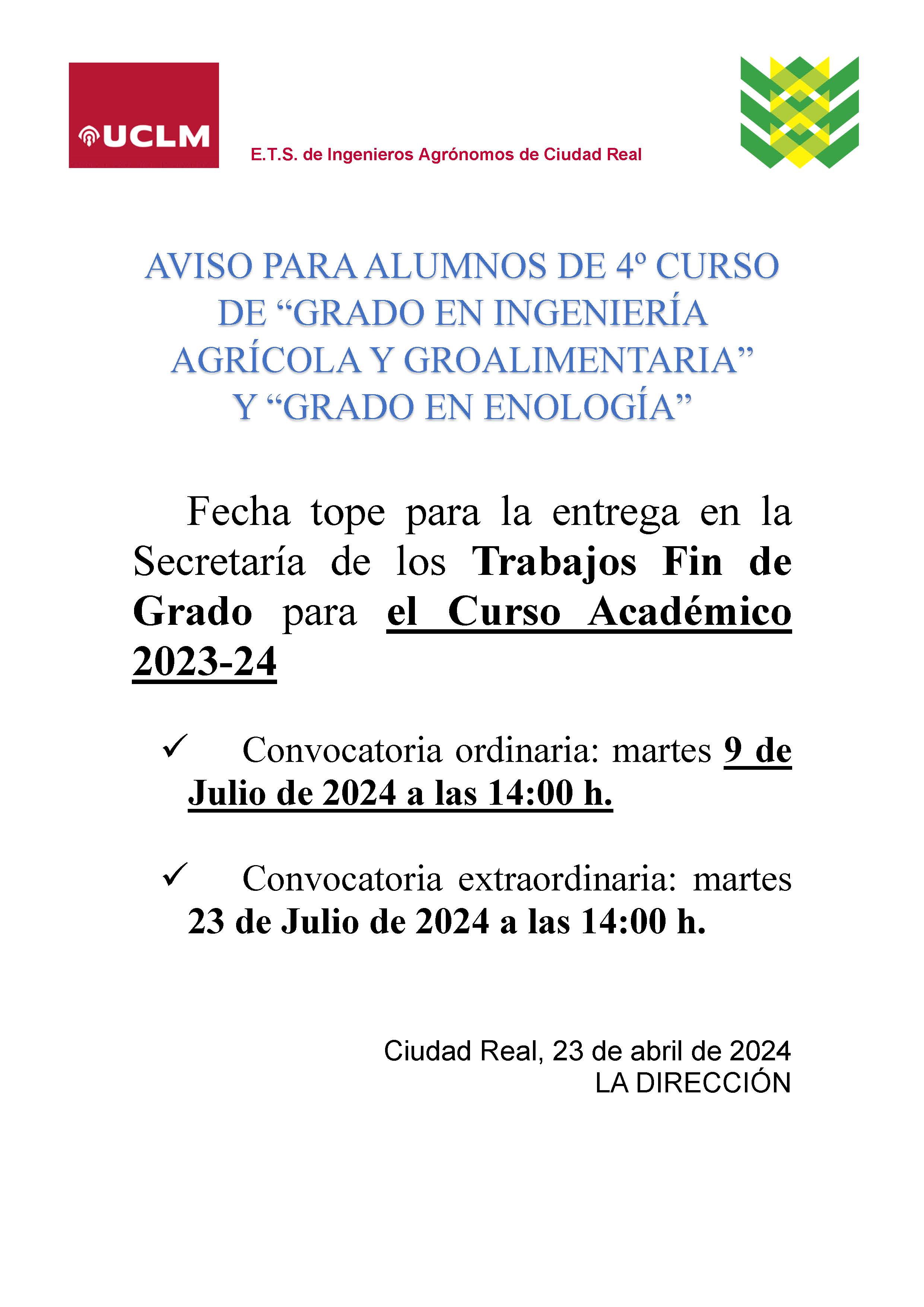 Fecha de Entrega Trabajo Fin Grado